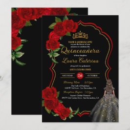 Rote Rosen Schwarz und Gold Elegantes Kleid Quince Einladung