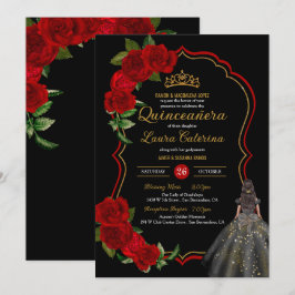 Rote Rosen Schwarz und Gold Elegantes Kleid Quince Einladung