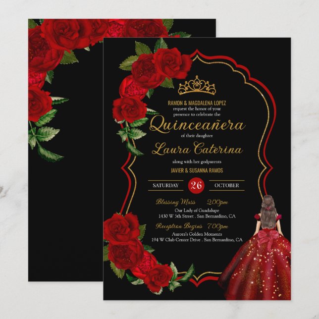 Rote Rosen Schwarz und Gold Elegantes Kleid Quince Einladung (Vorne/Hinten)