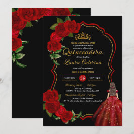 Rote Rosen Schwarz und Gold Elegantes Kleid Quince Einladung