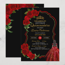 Rote Rosen Schwarz und Gold Elegantes Kleid Quince Einladung