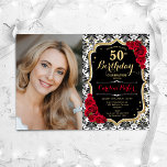Rote Rosen Schwarz-weiß Damask Foto 50. Geburtstag Einladung<br><div class="desc">Elegante florale feminine 50. Geburtstagseinladung mit Ihrem Foto. Glam Schwarz-weiß rotes Design mit Imitaten Glitzer Gold. Enthält schwarz-weiße Damasketmuster,  rote Rosen,  Skript-Schriftart und Konfetti. Ideal für ein stilvolles Party für Erwachsene. Personalisieren Sie Ihre persönlichen Daten. Kann für jedes Alter angepasst werden! Gedruckte Zazzle Einladungen oder Sofortdownload digitalen druckbaren Vorlage.</div>