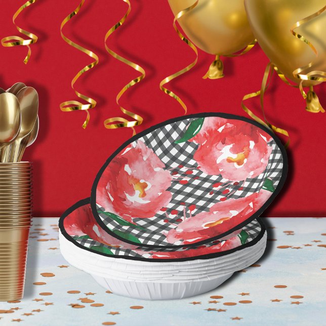 Rote Rosen Schwarz-weiß Gingham Pappteller (Red roses on black and white gingham paper bowls)