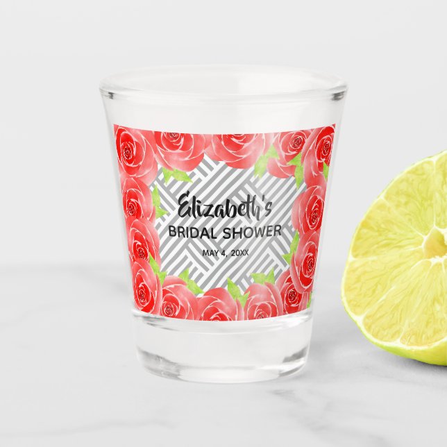 Rote Rosen Schwarz-weiß Streifen Derby Brautparty Schnapsglas (Vorderseite)