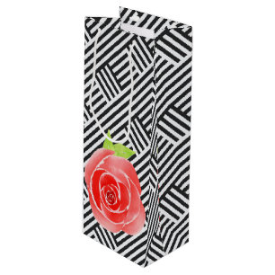 Rote Rosen Schwarz-Weiß Streifen Geschenktüte Für Weinflaschen