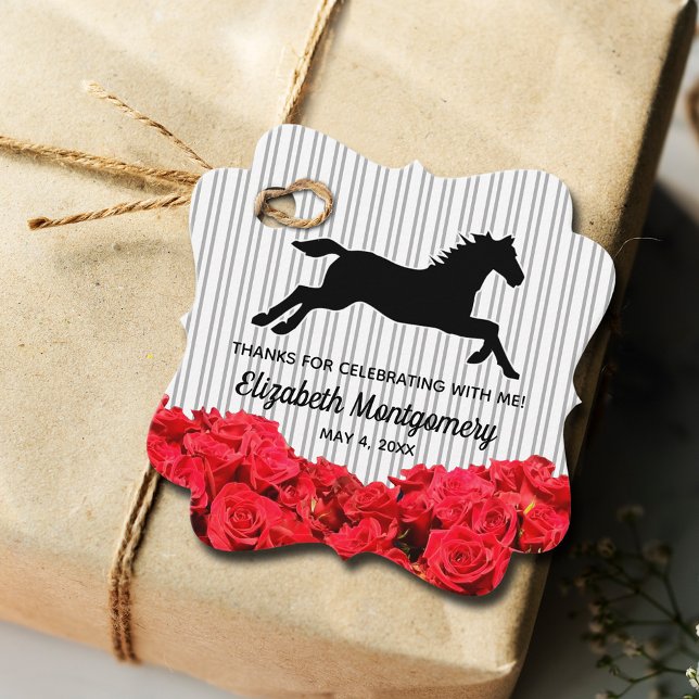 Rote Rosen Schwarz-weiße Streifen Derby Race Pferd Geschenkanhänger (2" x 2" fancy square bridal shower favor tags - set of 12)