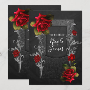 Rote Rosen Schwarze Ornamente Gotische Hochzeit Einladung