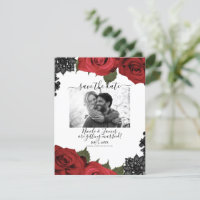 Rote Rosen schwarze Spitze weiße Hochzeit Termin v