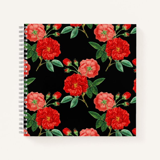 Rote Rosen, schwarzer Hintergrund, Notizbuch (Vorderseite)