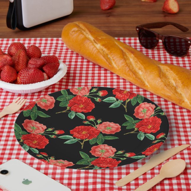 Rote Rosen, schwarzer Hintergrund, Pappteller (Picknick)