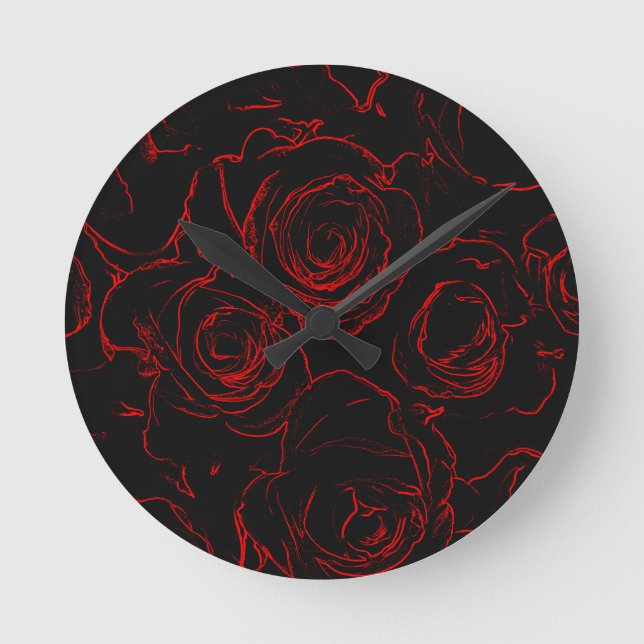Rote Rosen Schwarzer Hintergrund Runde Wanduhr (Vorderseite)