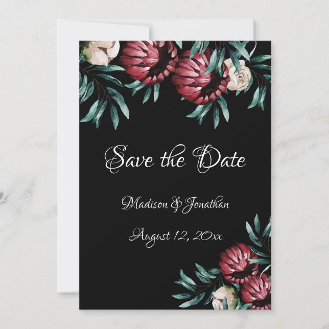 Rote Rosen Schwarzer Hintergrund Script Elegant Save The Date (Vorderseite)
