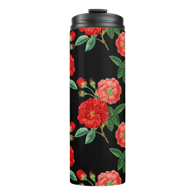 Rote Rosen, schwarzer Hintergrund, Thermosbecher (Vorderseite)