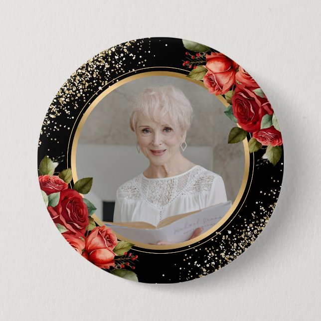 Rote Rosen Schwarzes Gold Foto Button (Vorderseite)