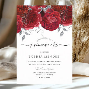 Rote Rosen Silberblatt Quinceanera Einladung