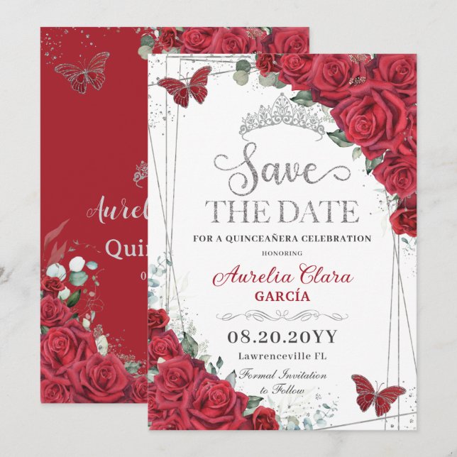 Rote Rosen Silver Butterflies Quinceanera Sweet 16 Save The Date (Vorne/Hinten)