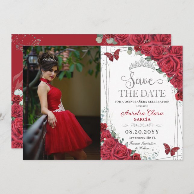 Rote Rosen Silver Butterflies Quinceanera Sweet 16 Save The Date (Vorne/Hinten)