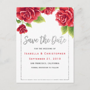 Rote Rosen & Silver Glitzer Save the Date Ankündigungspostkarte