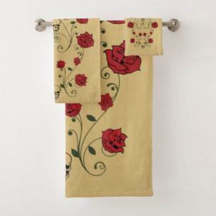 Rote Rosen & Skulls Badezimmer Handtuch Set