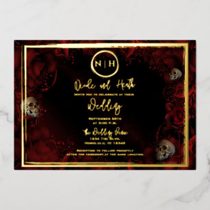Rote Rosen Skulls Dark Floral Wedding Foto Gold Folieneinladung