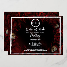 Rote Rosen Skulls Dark Floral Wedding Foto Silber Folieneinladung