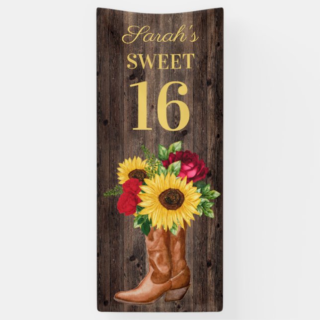 Rote Rosen Sonnenblumen Cowboy Boots Sweet 16 Bann Banner (Vertikal)