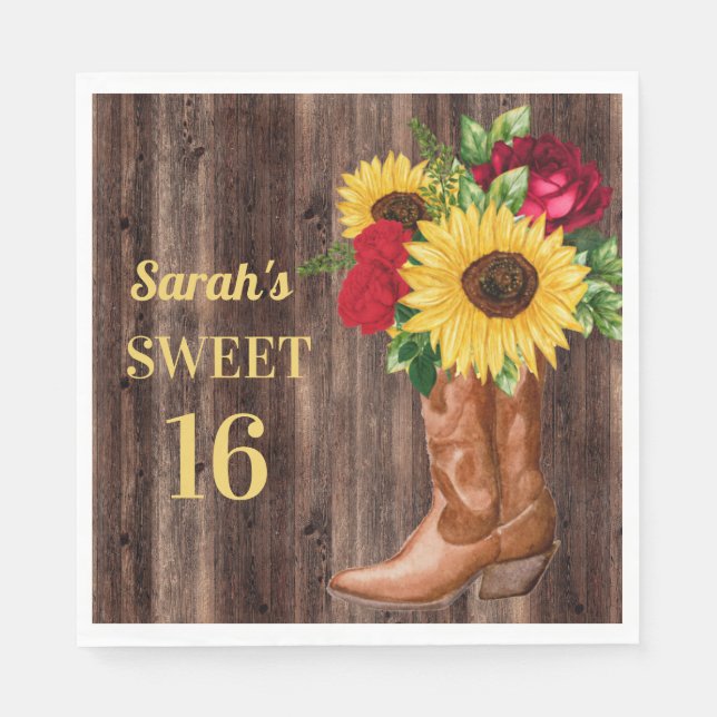 Rote Rosen Sonnenblumen Cowboy Boots Sweet 16 Serviette (Vorderseite)