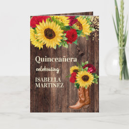 Rote Rosen Sonnenblumen Cowgirl Boots Quinceanera Karte