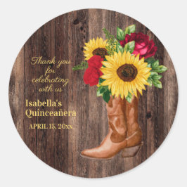 Rote Rosen Sonnenblumen Cowgirl Boots Quinceanera Runder Aufkleber