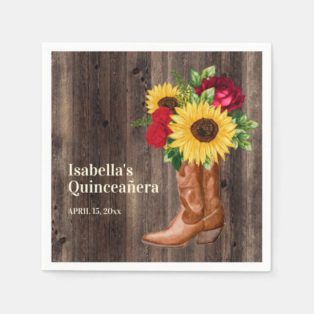 Rote Rosen Sonnenblumen Cowgirl Boots Quinceanera Serviette (Vorderseite)