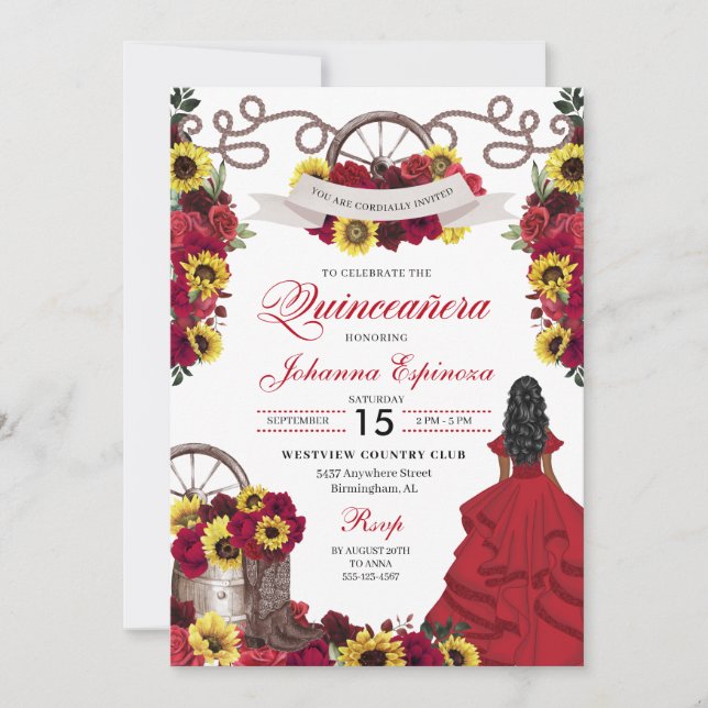 Rote Rosen Sonnenblumen Cowgirl Western Quinceaner Einladung (Vorderseite)