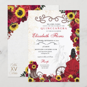 Rote Rosen Sonnenblumen Cowgirl Western Quinceaner Einladung