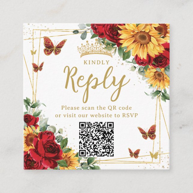 Rote Rosen Sonnenblumen Quinceanera UAWG QR Code Begleitkarte (Vorderseite)