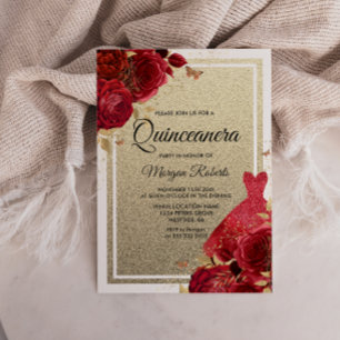 Rote Rosen Sparkkleid Glitzer Quinceanera Einladung