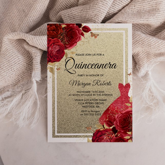 Rote Rosen Sparkkleid Glitzer Quinceanera Einladung (Von Creator hochgeladen)