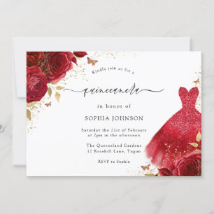 Rote Rosen Sparkkleid Gold Quinceanera Party Einladung