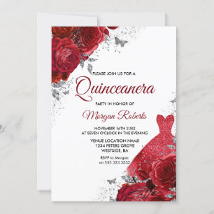 Rote Rosen Sparkkleid Silver Quinceanera Einladung