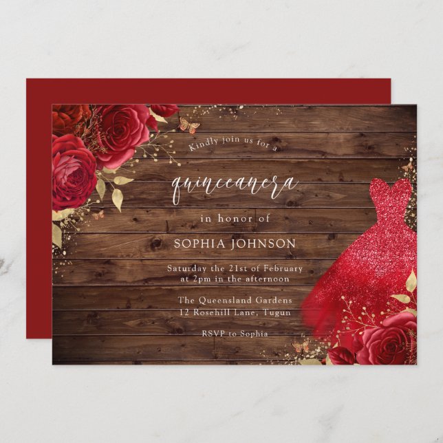 Rote Rosen Sparkleider Rustikales Quinceanera Part Einladung (Vorne/Hinten)