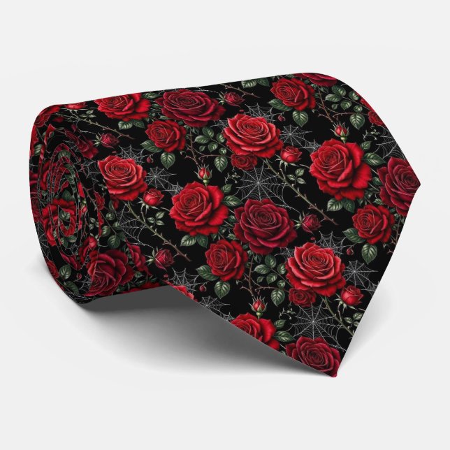 Rote Rosen & Spinnennetze | Luxus-Gothic-Halstuch Krawatte (Gerollt)