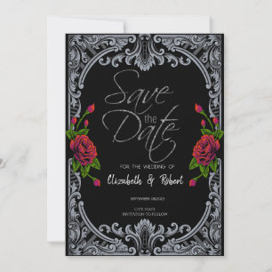 Rote Rosen,Streifen-Gothic-Save the Date-Karte Save The Date