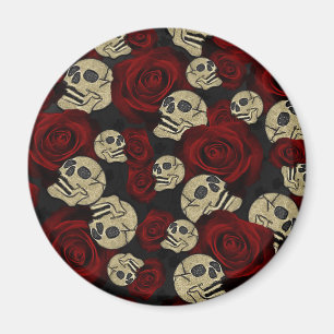 Rote Rosen & Totenköpfe Grau Schwarzes Florales Go Magnet