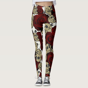 Rote Rosen & Totenköpfe Schwarze Flora Gothic Weiß Leggings