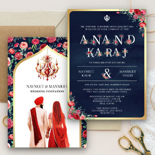 Rote Rosen Typografie Blau Anand Karaj Sikh-Hochze Einladung