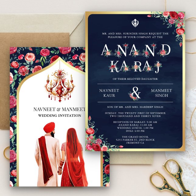 Rote Rosen Typografie Blue Anand Karaj Sikh Weddin Einladung (Von Creator hochgeladen)