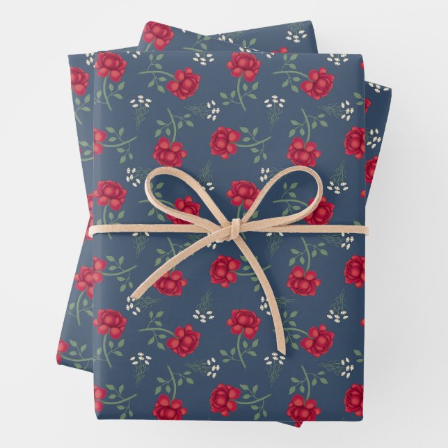 Rote Rosen über den blauen Dusky Oversiico Geschenkpapier Set (Beispiel)