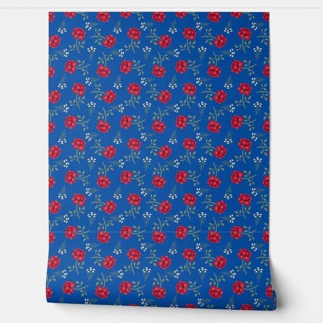 Rote Rosen über Mittelblauer Calico Tapete (Abrollen)