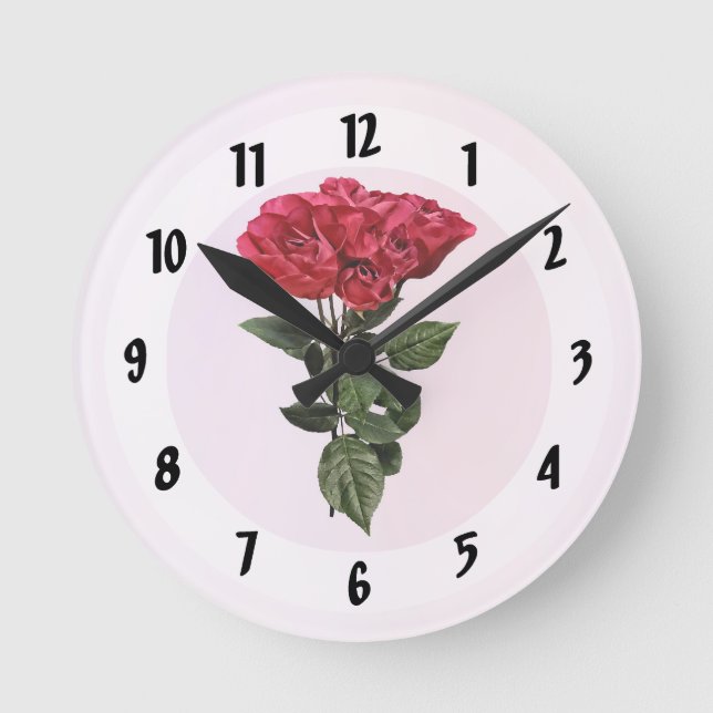 Rote Rosen und Blätter Runde Wanduhr (Vorderseite)
