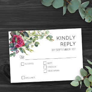 Rote Rosen und Eukalyptus Blumen Hochzeit RSVP Karte