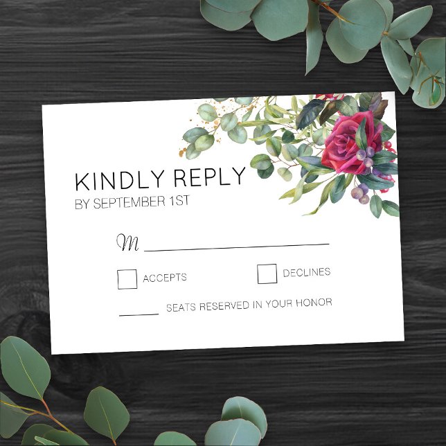 Rote Rosen und Eukalyptus Wedding Simple RSVP Karte (Romantic floral wedding RSVP card from my Red Rose and Eucalyptus Wedding Collection)