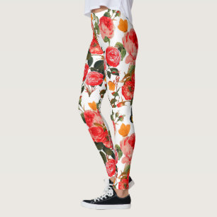 ROTE ROSEN UND GELBE SCHALTFLÄCHEN Weiße Blume Leggings